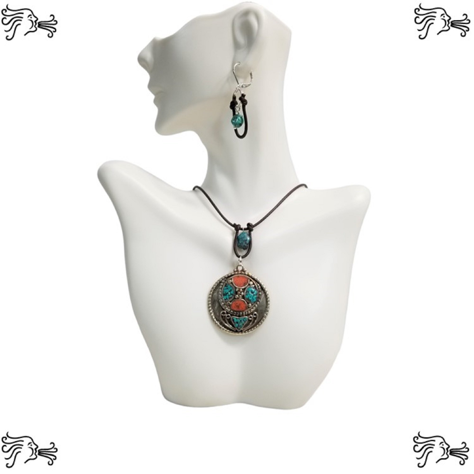 Tibetan Turquoise Coral Choker Necklace & Earrings Brown Leather Circular Shape